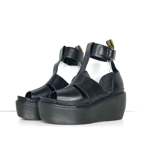 Dr. Martens Shoes - Dr Martens Bessie Black Leather Wedge Platform Buckle Sandals Women’s 9 Shoes